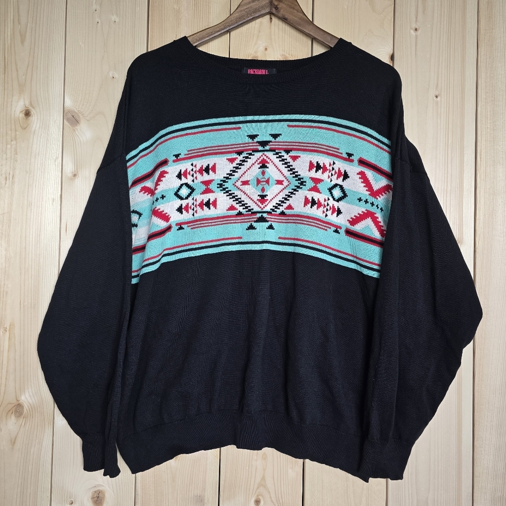 Rock & Roll Denim Aztec Pullover Cotton Western Style Sweater Womens Large